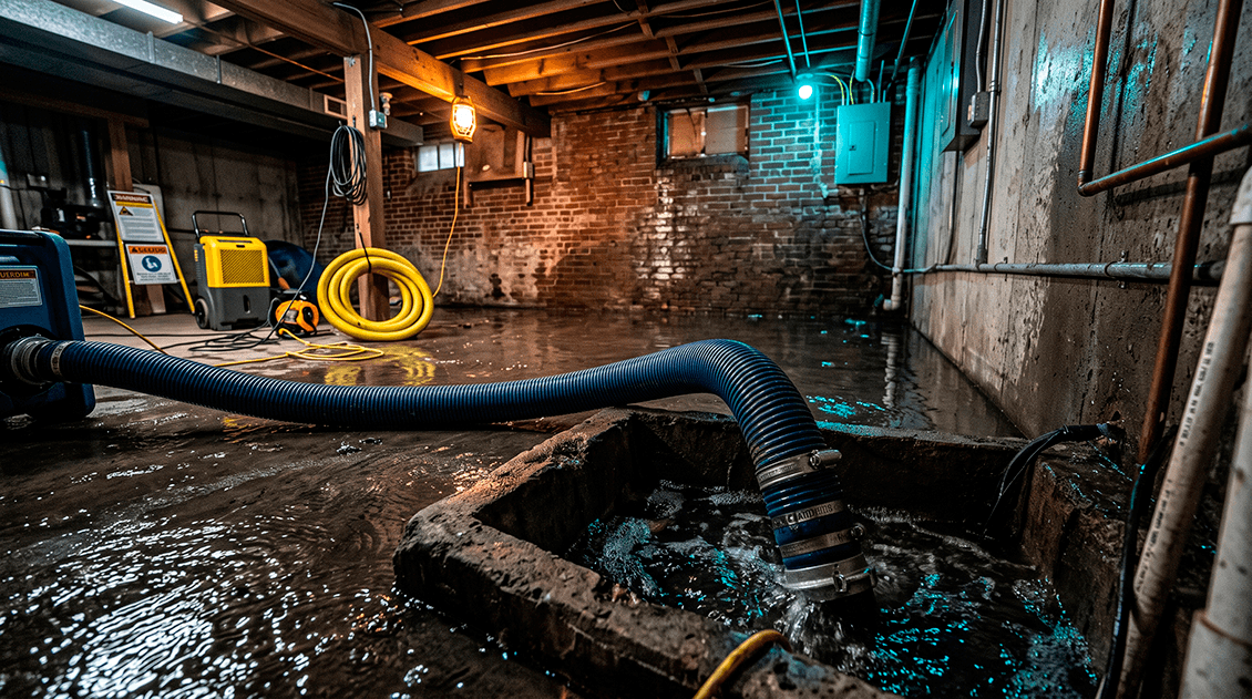 High-capacity emergency vacuum pumping system management during a catastrophic sub-floor catch basin overflow in a St. Louis basement