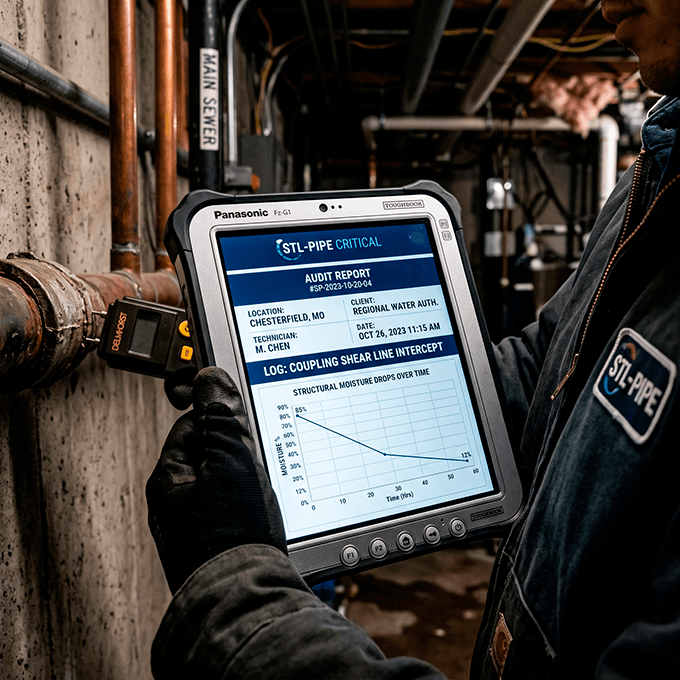 A digital mobile tablet screen displaying audit-ready mechanical thread failure moisture charts and structural dry log manifests