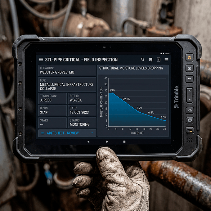 A rugged digital mobile tablet displaying an audit-ready moisture tracking dry log sheet with graphs and corporate branding