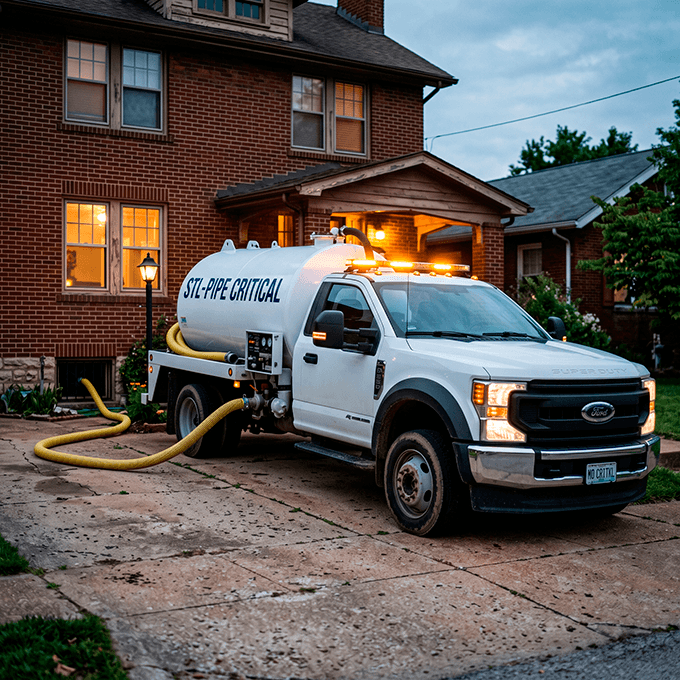A white Ford F-550 emergency vacuum tank truck from STL-PIPE CRITICAL operating on a concrete driveway to drain a flooded basement