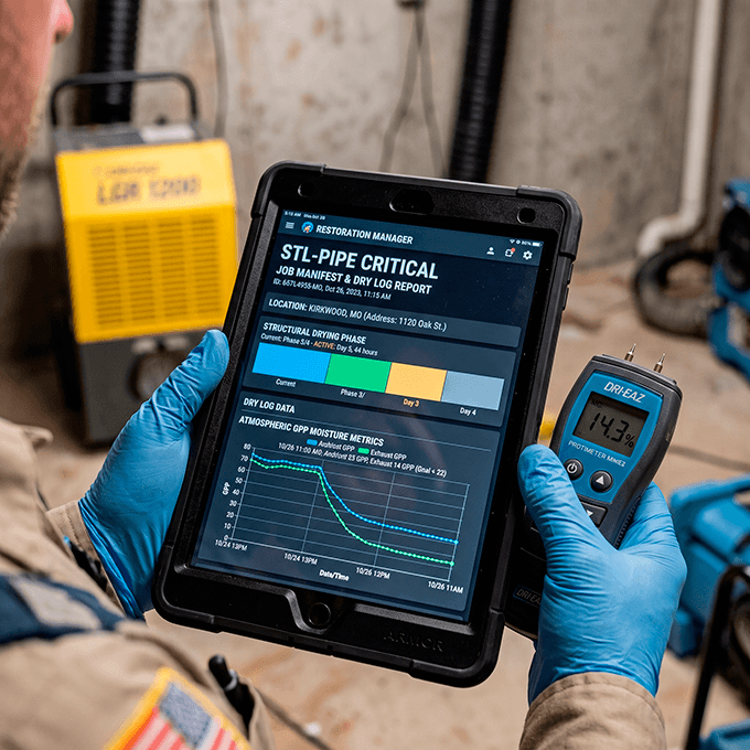 A digital business manifest displayed on a tablet showing audit-ready moisture logs and equipment tracking charts