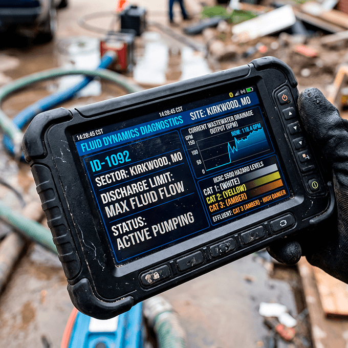 Close-up of a digital monitoring interface tracking fluid discharge volumes, flow limits, and pump status metrics in real time