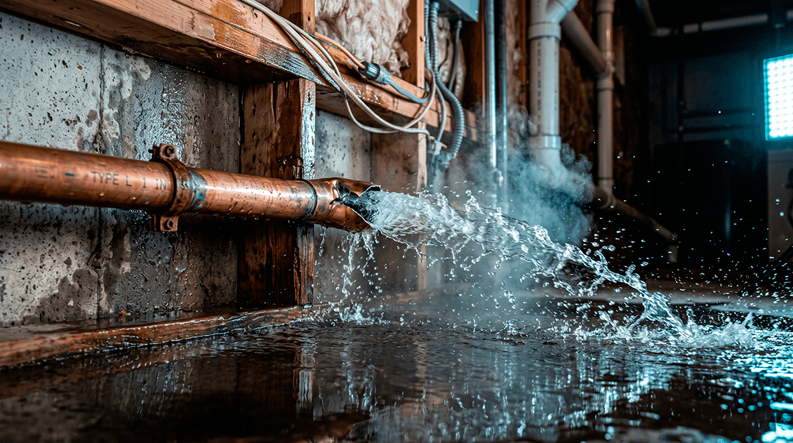 Analysis of a pressurized high-velocity structural pipe breach showing fluid dispersal across sub-floor framing