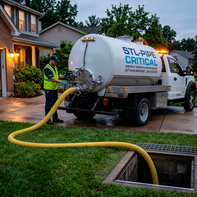 A white Ford F-550 commercial pump truck with STL-PIPE CRITICAL vinyl lettering on the side operating at a job site