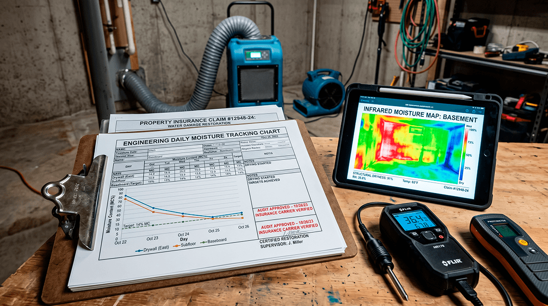 Audit-ready digital documentation folder including moisture tracking charts and structural dryness verification reports