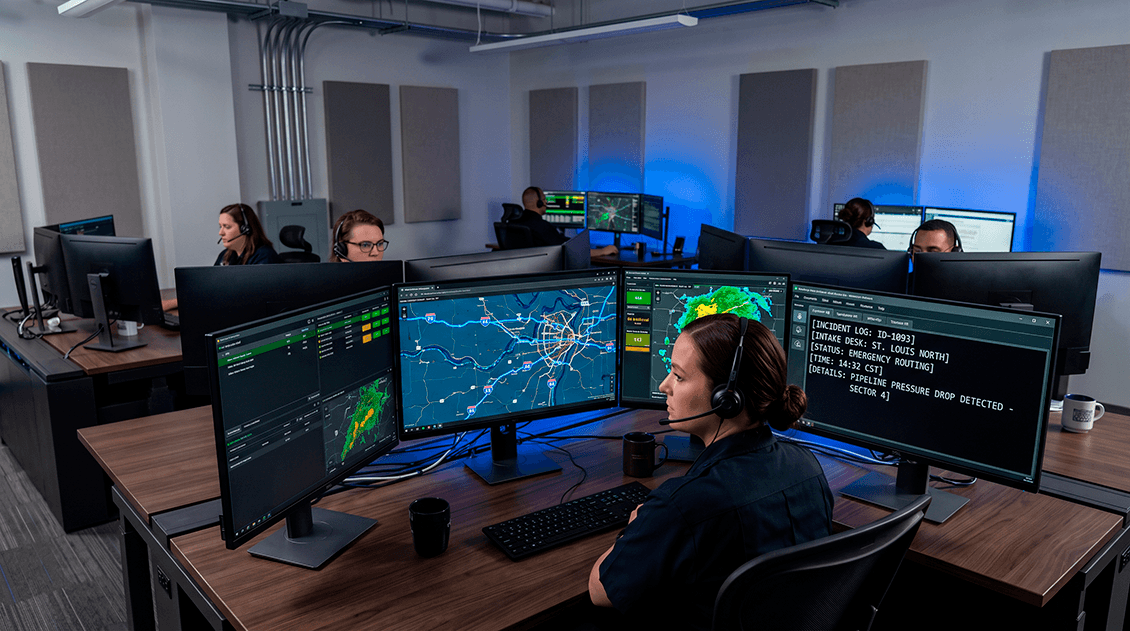 High-tech emergency intake dispatch control terminal room tracking active water extraction assets across St. Louis County