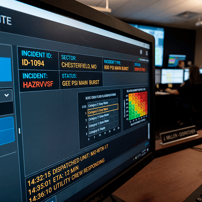 Close-up of a digital monitoring screen showing live water damage intercept data and response team logs