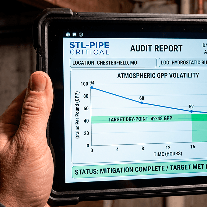 A digital mobile tablet screen displaying audit-ready water hammer moisture charts and structural dry log manifests