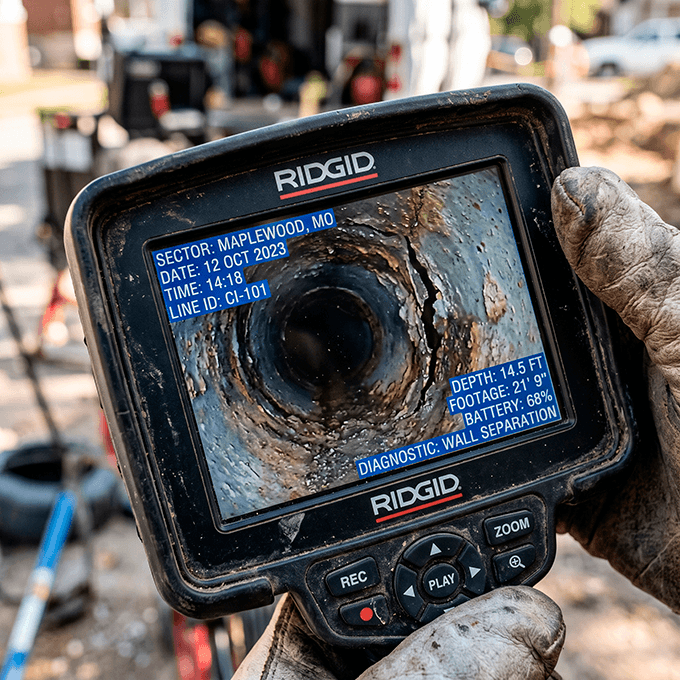 Close-up of a handheld digital pipe inspection camera screen showing extensive internal rust and cracks inside an underground drain pipe