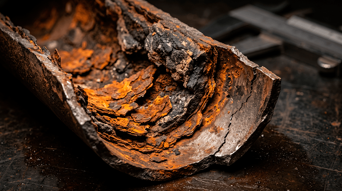 Close-up technical cross-section of a heavily corroded cast-iron water pipe showing internal rust scaling and thin worn walls