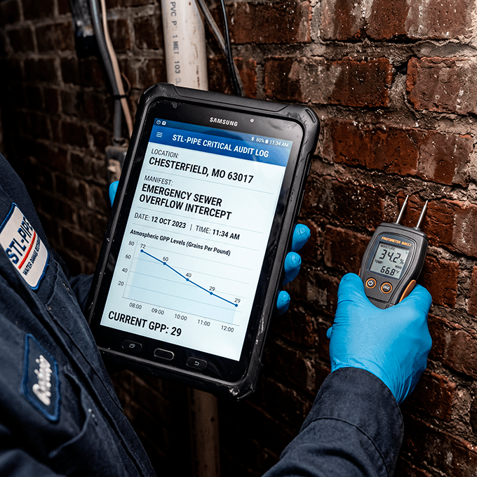 A rugged digital tablet showing an audit-ready water extraction manifest with moisture tracking graphs and GPP data