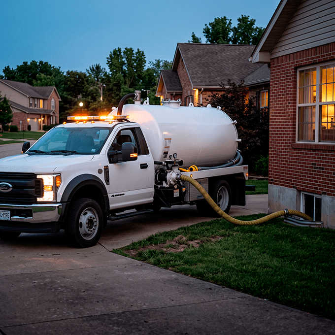 A professional white Ford F-550 emergency vacuum tank truck from STL-PIPE CRITICAL operating at a suburban home driveway