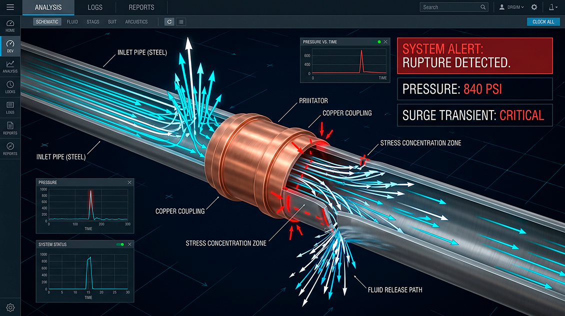 Engineering diagram cross-section of an internal high-pressure water hammer shockwave fracturing a copper utility pipe wall