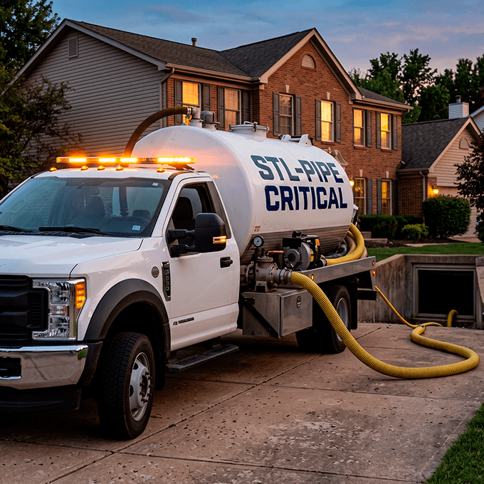 A professional white Ford F-550 emergency vacuum tank truck from STL-PIPE CRITICAL pumping water from a residential structure