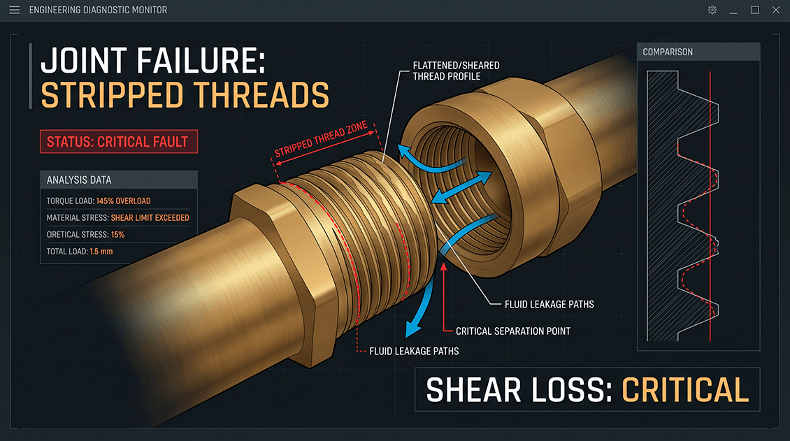 Technical diagnostic visualization of a stripped pipe thread fitting completely separated under mechanical shear stress