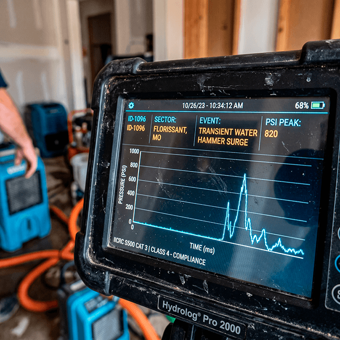 Close-up of a digital diagnostic screen monitor displaying transient fluid pressure spikes and water hammer surge metrics in PSI